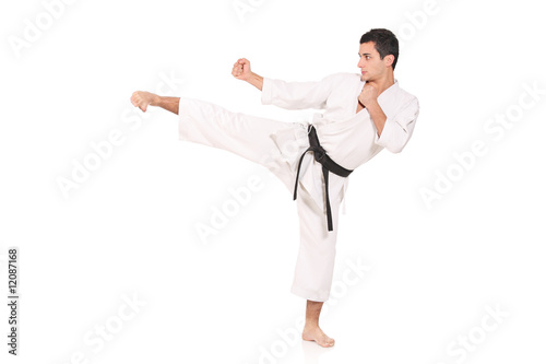 Karate man exercising against white background