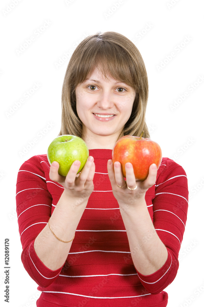 Beautiful young girl holding out apples. Isolated on white. Beautiful young girl holding out apples. Isolated on white.