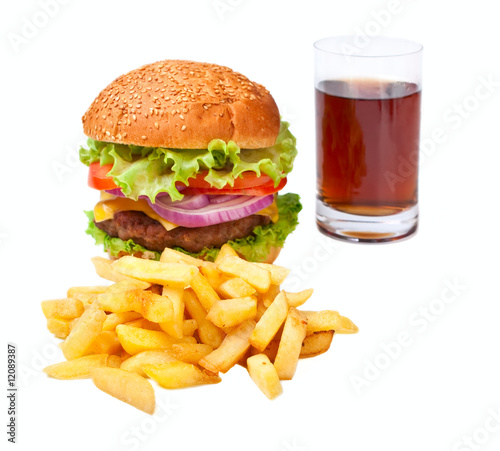hamburger, fries and cola isolated on white background