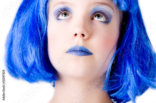 Blue girl looking up