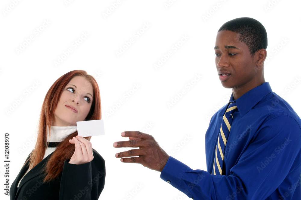 Business Man and Woman with Business Card Business Man and Woman with Business Card