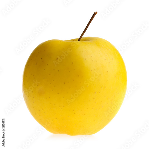yellow apple with reflection. It is isolated on a white backgrou