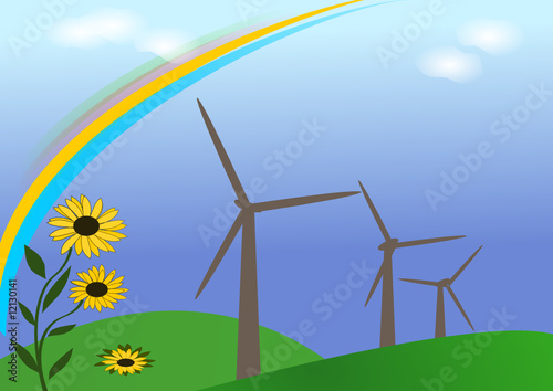 windrad mit sonnenblumen und regenbogen