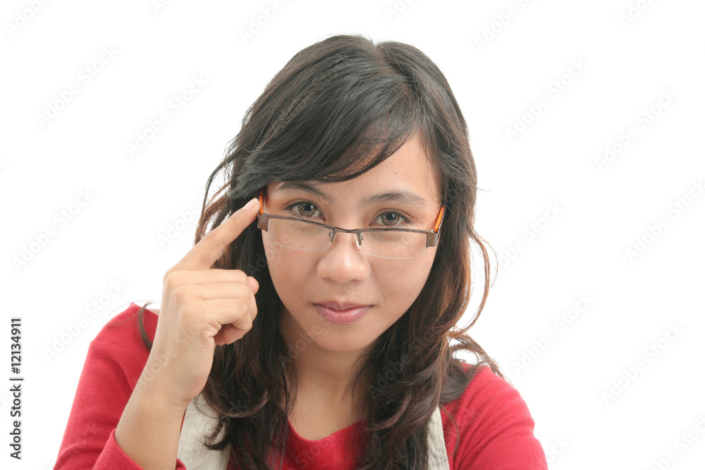 woman touching spectacles