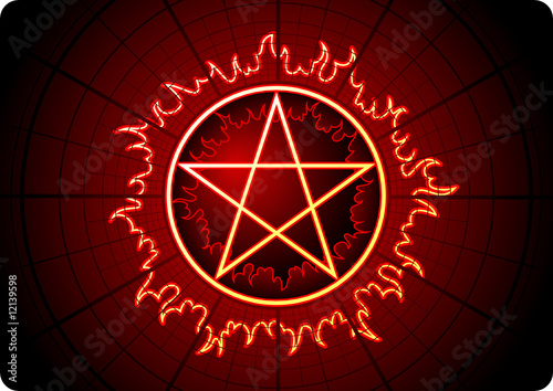 Fire Pentagram with grid on dark background