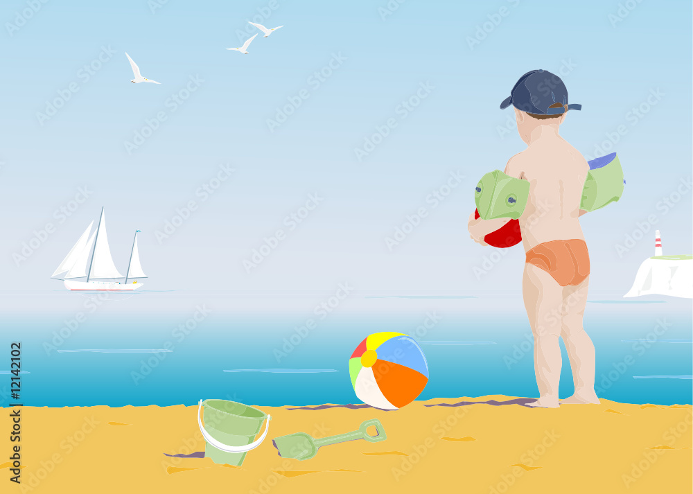 young boy on a beach watching a boat sail by