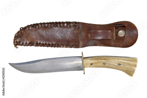 Hunting knife and sheath on isolated white background