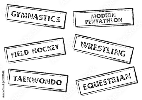 Stamp marks with sport names on it over white