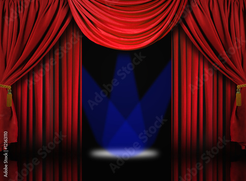 Velvet Theater Stage Drape Curtains With Blue Spotlights