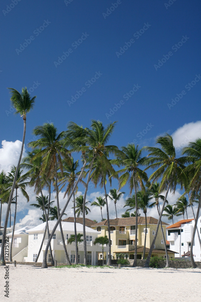 Beautiful Tropical Resolrts on White Sand Beach, Palm Trees