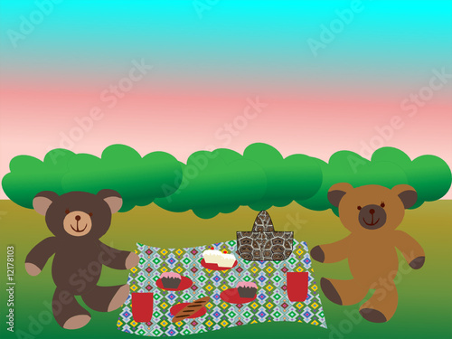 two teddy bears having a picnic on the grass