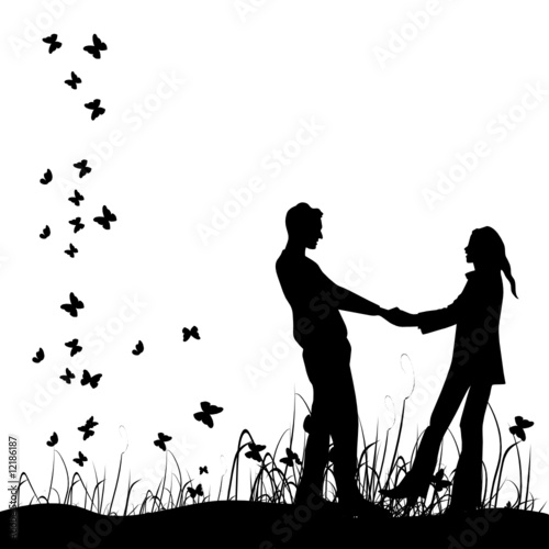 Couple on meadow, black silhouette