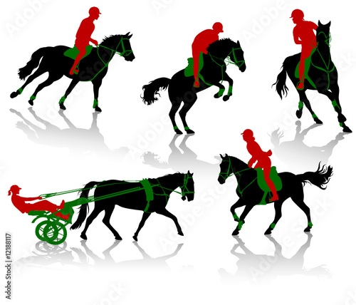 Silhouettes of equestrians on horses during competitions
