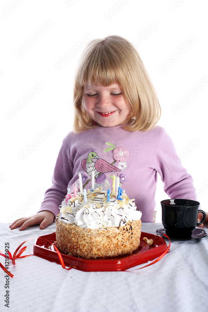 Girl with birthday cake isolated on white Girl with birthday cake isolated on white