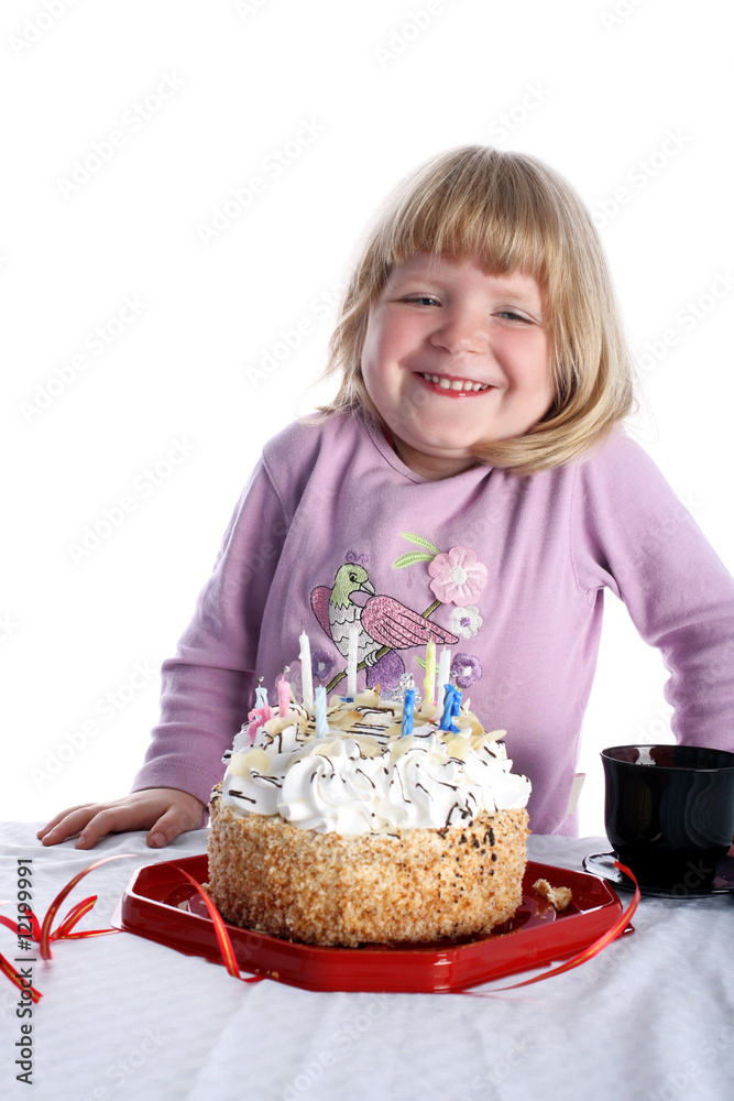 Girl with birthday cake isolated on white Girl with birthday cake isolated on white