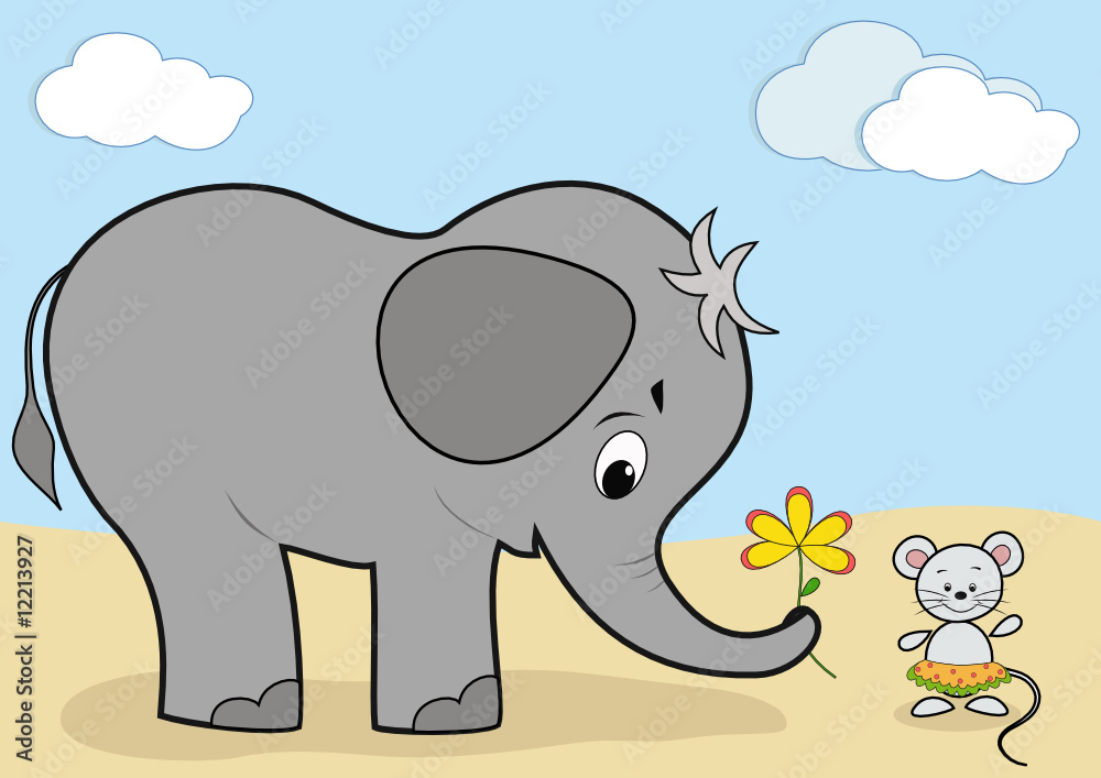 Baby elephant and mouse. Vector illustration.