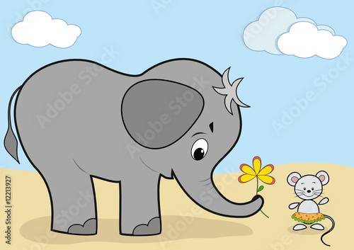 Baby elephant and mouse. Vector illustration.