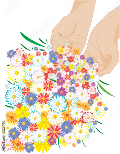 Hands sprinkling flowers everywherе - vector illustration