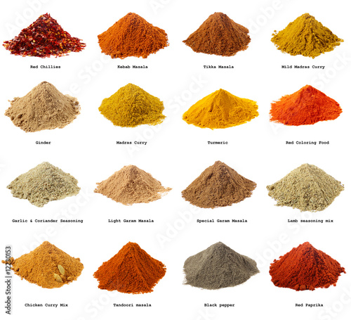 sixteen piles of Indian powder spices with its names
