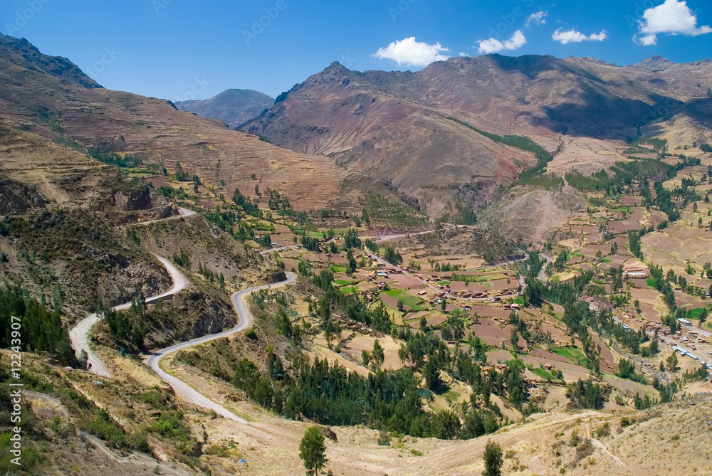 View of the Urubamba valley from the Pisac ruins, Sacred Valley,