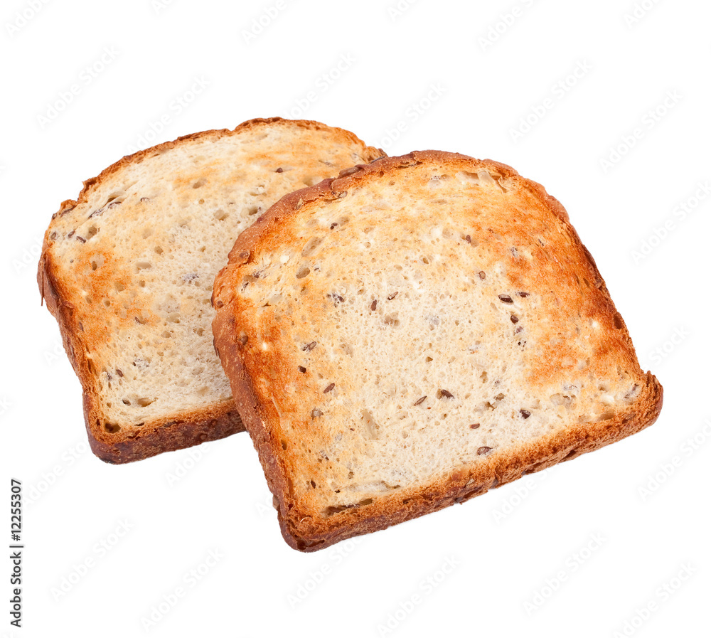 two crispy white bread toasts isolated on white background