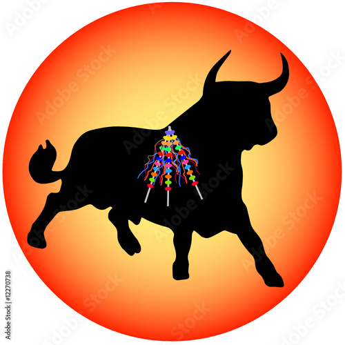 black bull with banderillas on gradient coloured circle