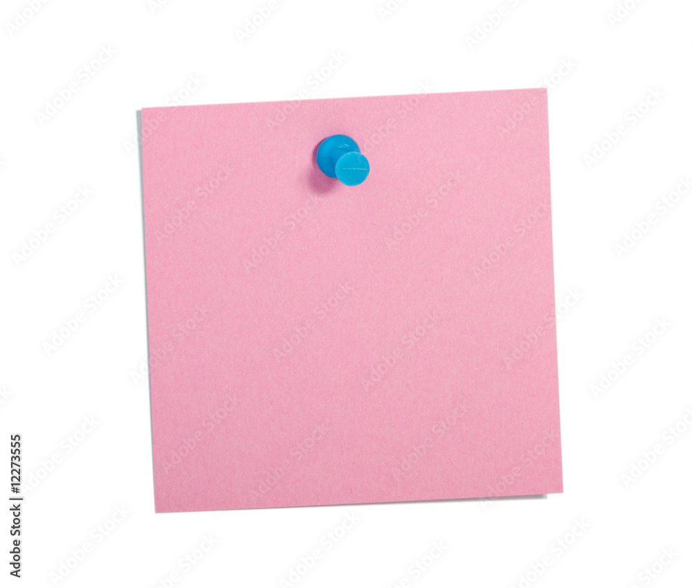 Pink reminder note with blue pin Pink reminder note with blue pin