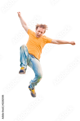 Isolated male single jump over white