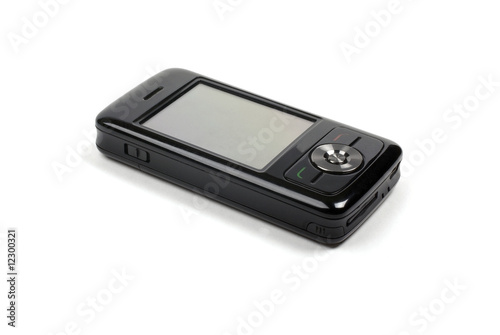Stylish shiny black pda phone isolated on white background with