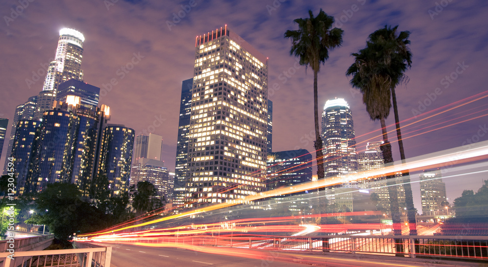 Fototapeta premium Traffic through Los Angeles (traffic seen as light trails)