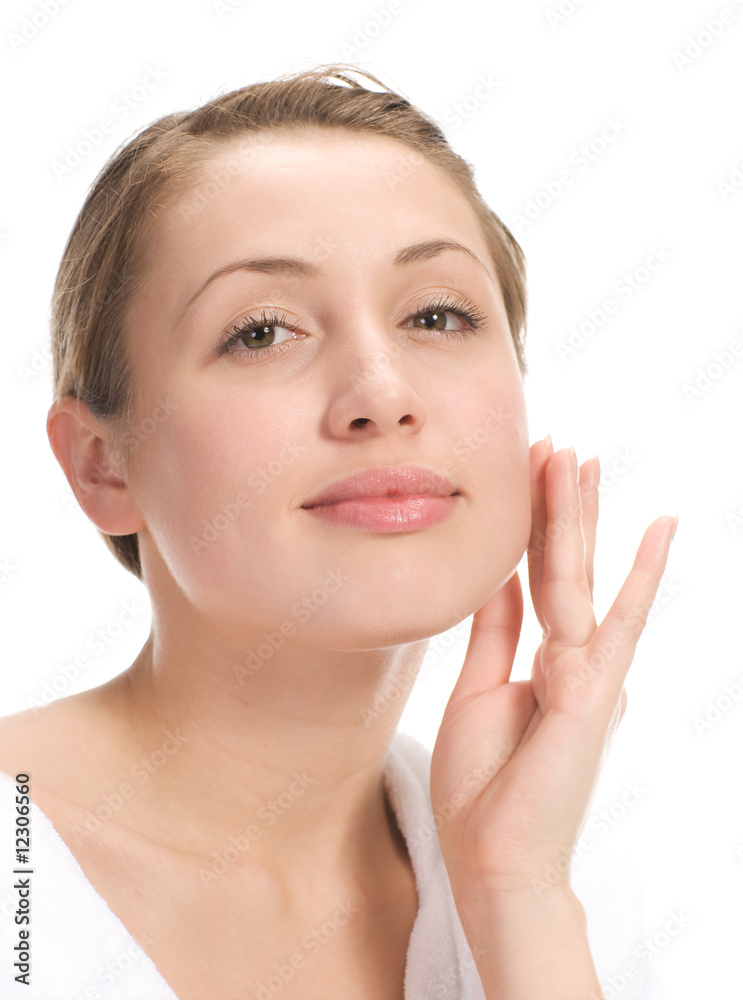 Beautiful woman on white background wearing white bathrobe Beautiful woman on white background wearing white bathrobe