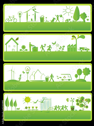 four green banners with ecology elements