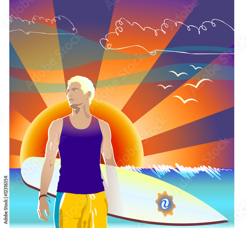 illustration of trendy surfer against sunset ocean background