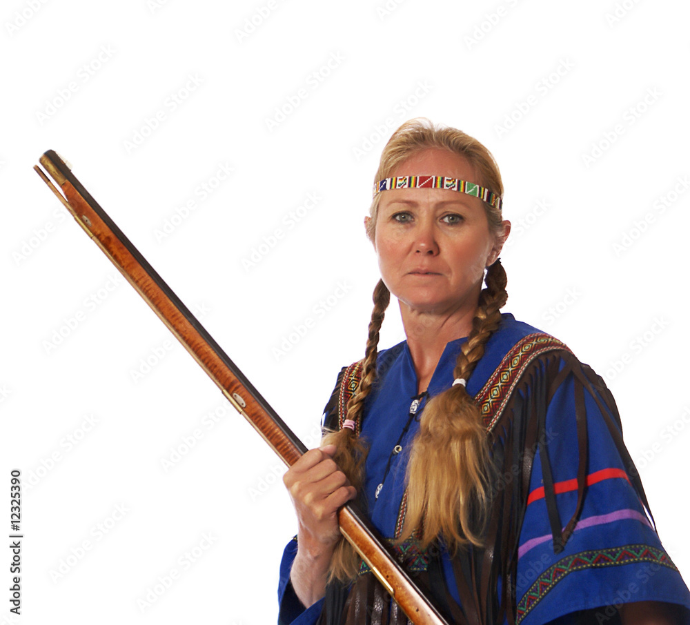 Pioneer woman with black powder percussion rifle Pioneer woman with black powder percussion rifle