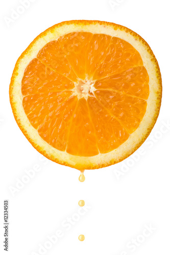 drop of juice falling from orange half isolated