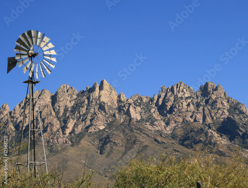 Windmill with Mountain Range wide angle view photo