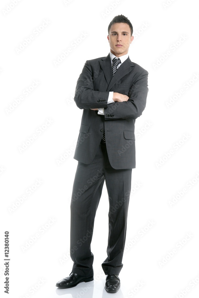 Businessman young stand up, full length on white