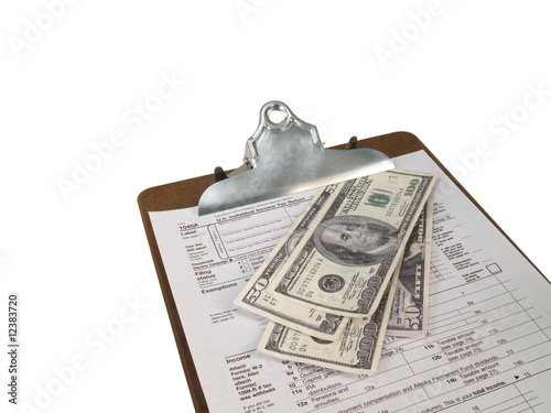 Tax Form on Clipboard with Cash