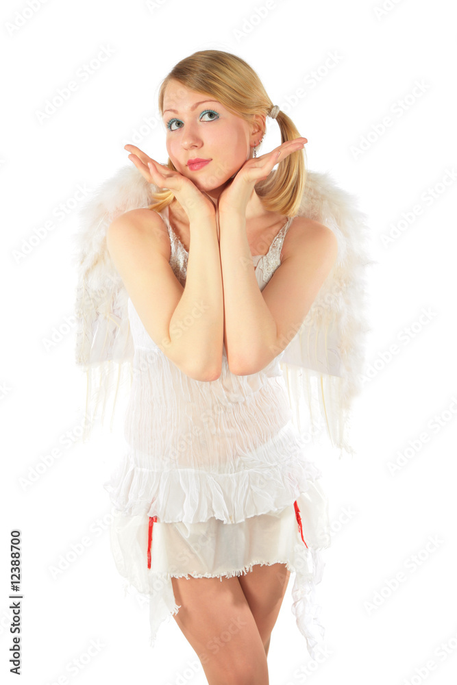 girl in angel's costume supports head palms girl in angel's costume supports head palms
