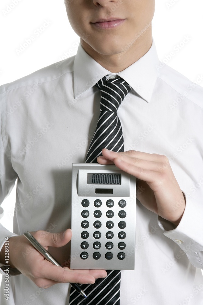 Businessman with calculator showing reports Businessman with calculator showing reports