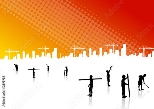 Construction surveyors and construction site background