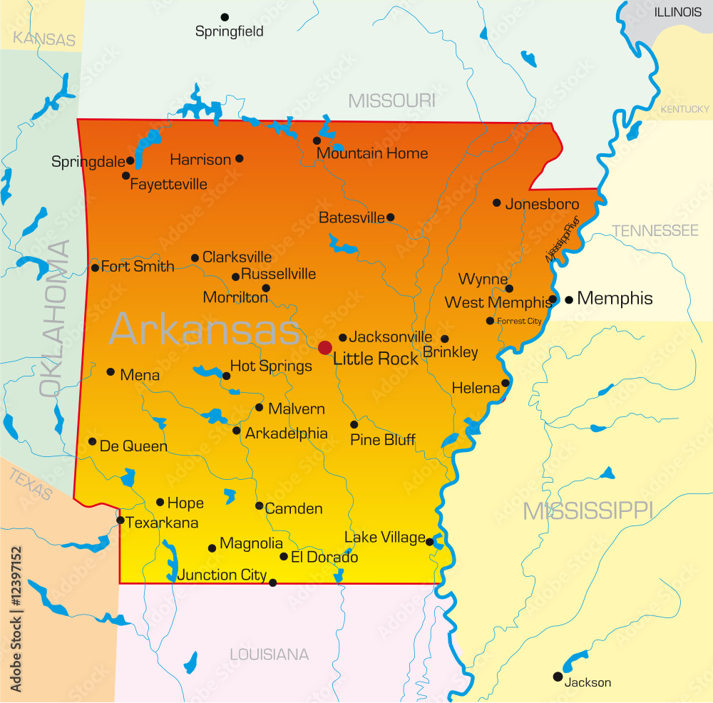 Vector color map of Arkansas state. Usa
