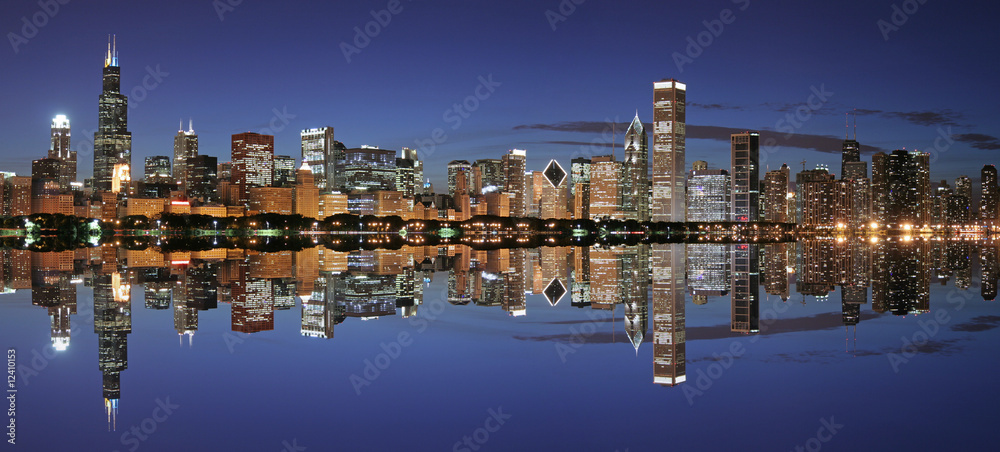 Chicago skyline panoramic and reflection at night