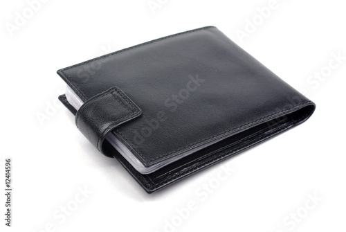 Unused black leather business card holder isolated on white back