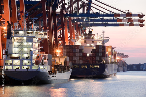 cargo ships in harbor loading freight containers photo
