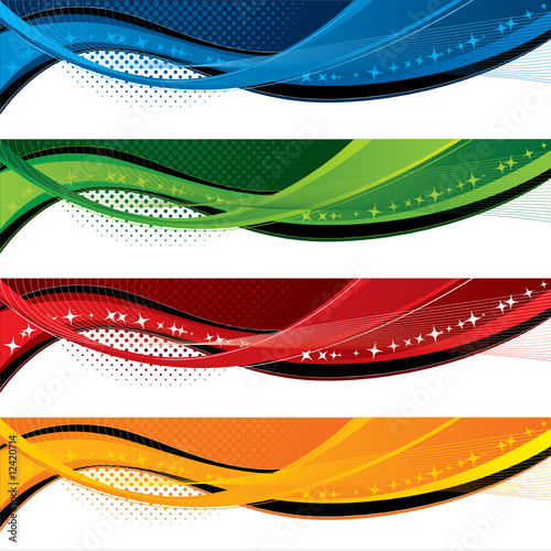 Banners with colorful waves and halftone effects