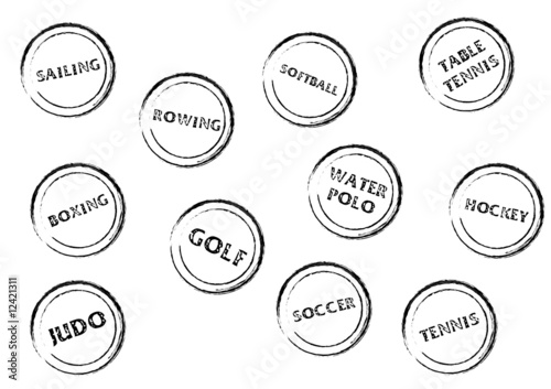 Stamp marks with sport names on it over white