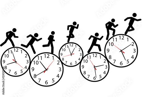 Symbol people run a race in time on clocks