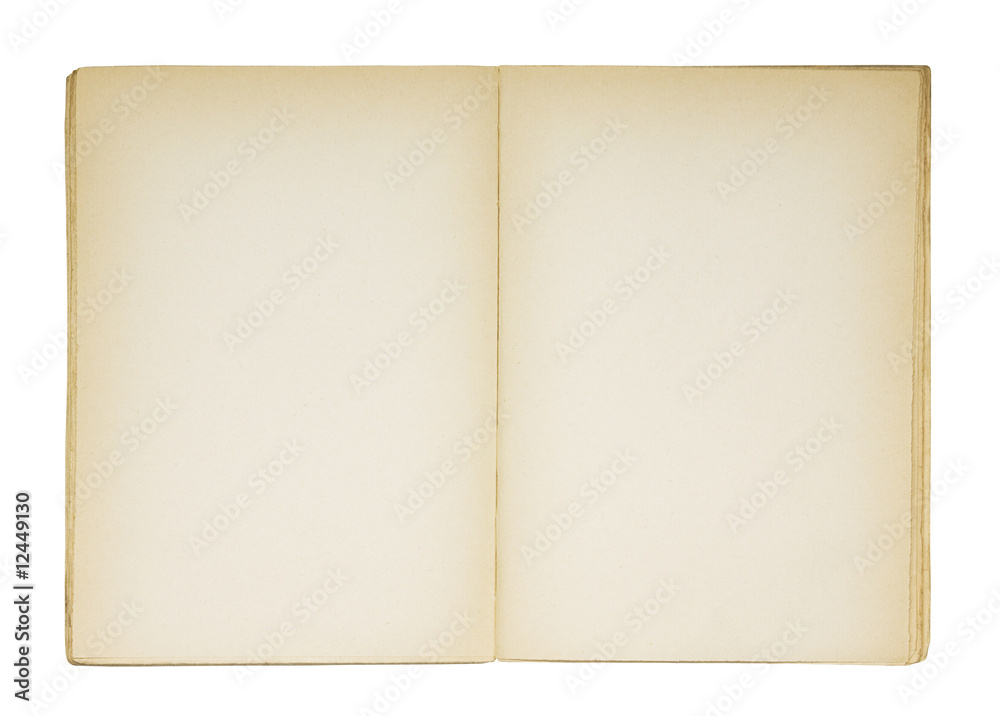 Open old blank book isolated on white