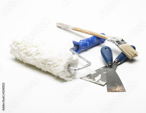 Paint roller, spatulas and paintbrush